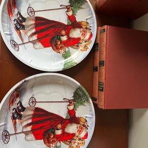Set of Two Santa Tin Trays - Vintage Christmas Decor, Santa Skiing