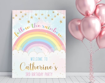 Birthday Party Signs Printables, Rainbow and Stars Digital Download, Editable Signs