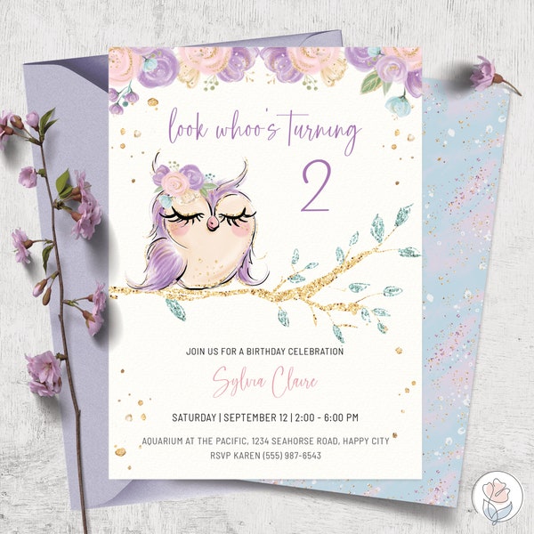 Purple Owl Birthday Invitation First Birthday Editable Girls Invitation Printable Digital Download Template Corjl A0019