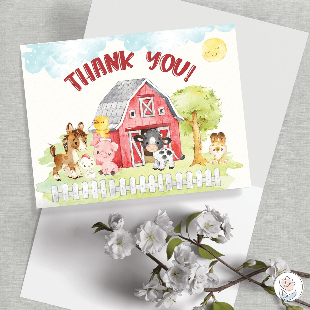 Barnyard Animals Thank You Card, Printable Folded Greeting Card ...