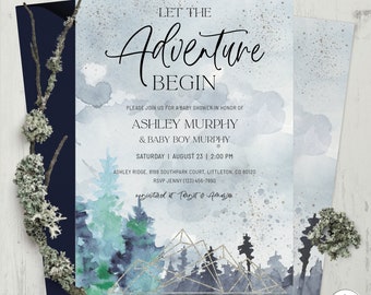 Adventure Begins Baby Shower Invitation, Printable Invitation, Digital Download, Editable Template | ADVENTURE BEGINS BLUE Collection