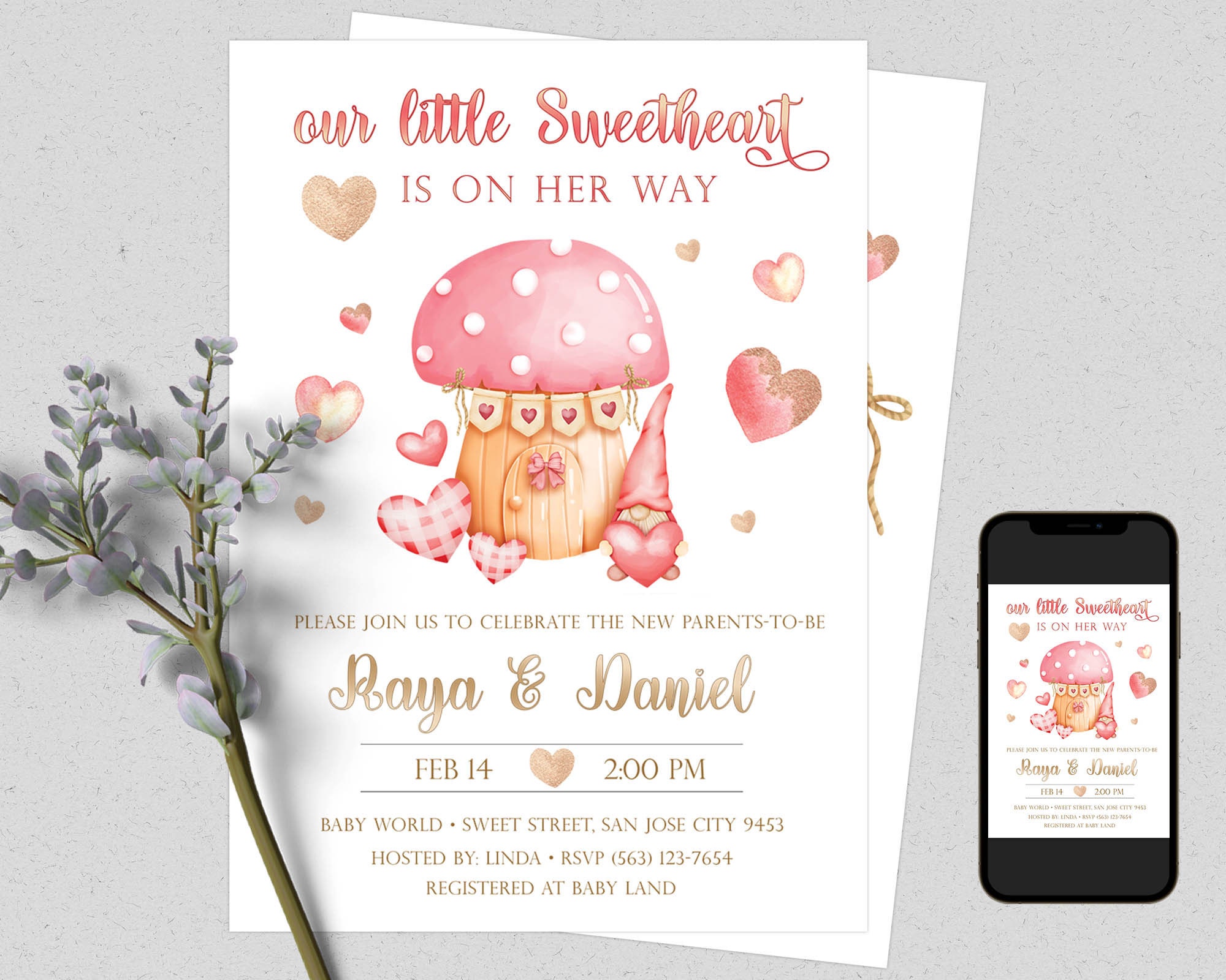 Printable Baby Shower Invitation Valentine Gnome Digital Etsy