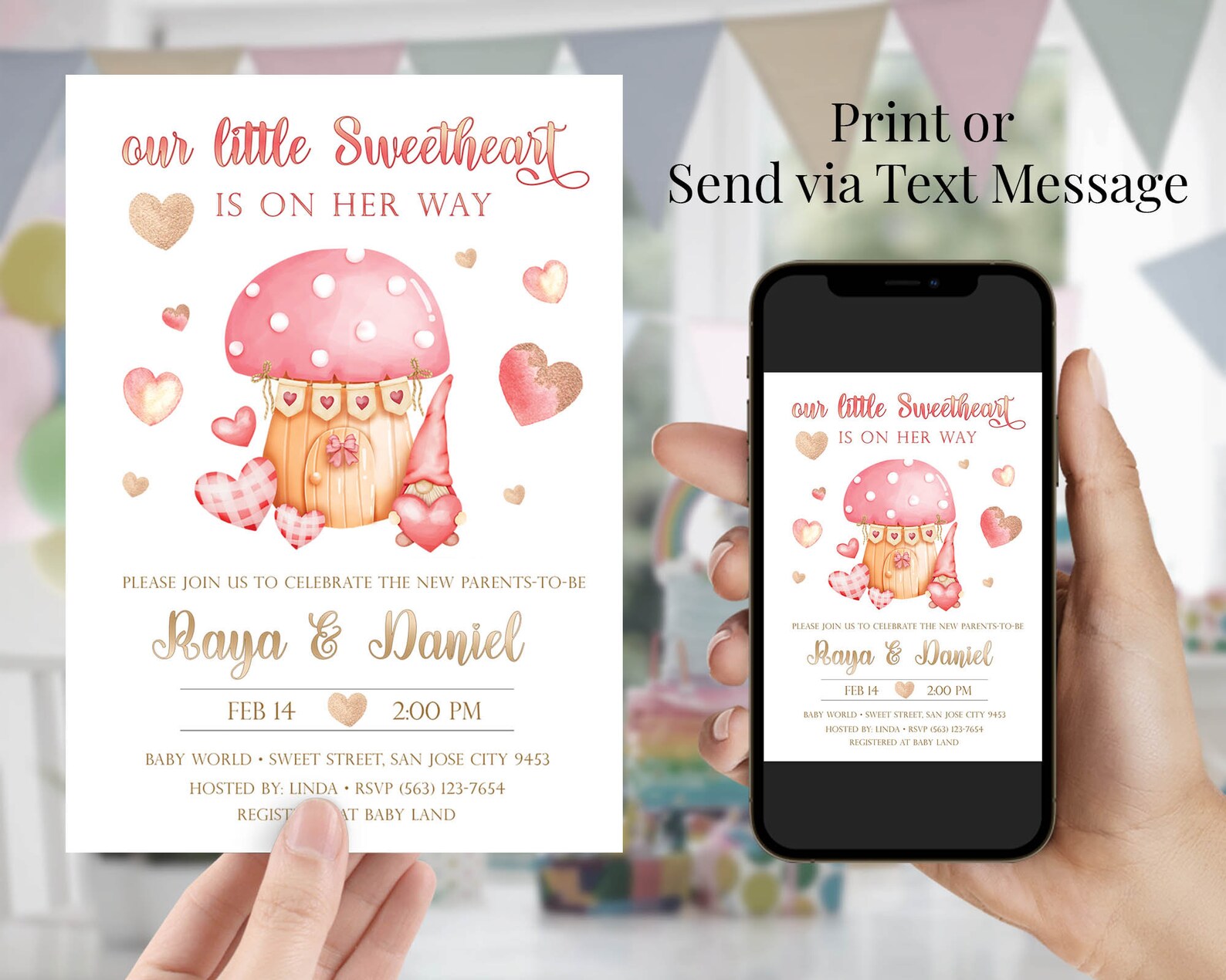 Printable Baby Shower Invitation Valentine Gnome Digital Etsy