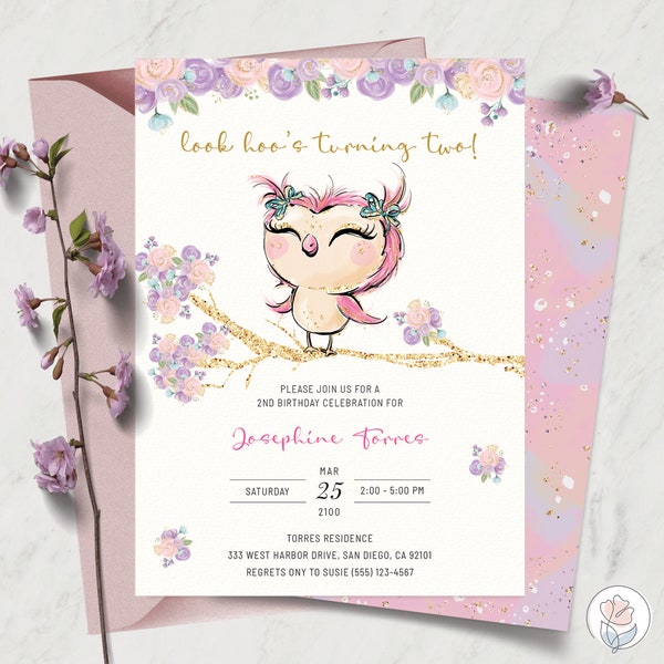 Pink Owl Birthday Invitation, Printable Invitation, Digital Download, Editable Template | PINK OWL COLLECTION