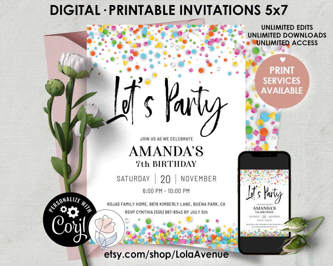 Confetti Party Birthday Invitation Editable Let's Party Colorful
