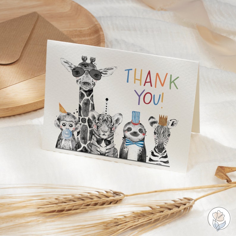Party Animals Thank You Card, Printable Folded Greeting Card, Digital ...