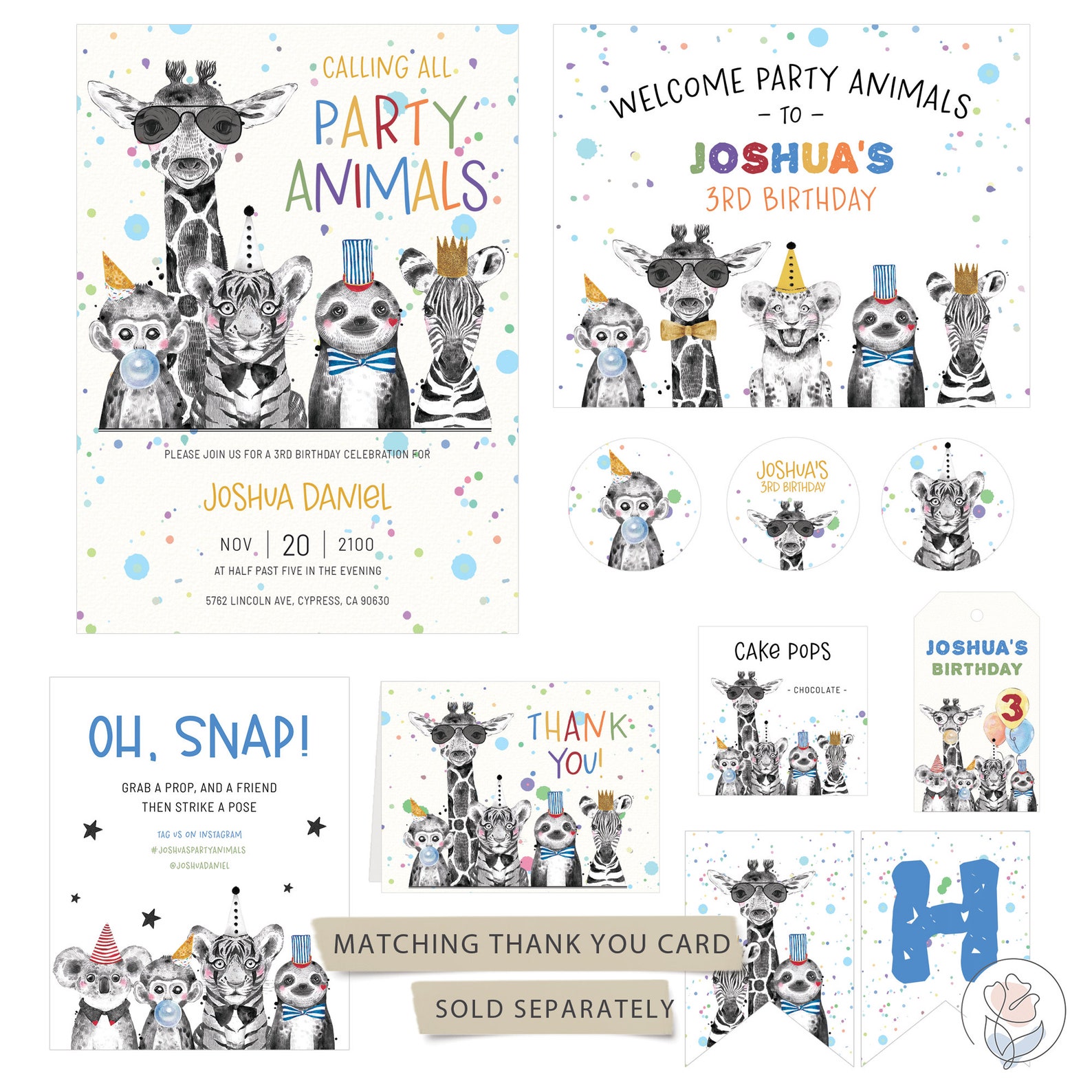 Party Animals Thank You Card, Printable Folded Greeting Card, Digital ...