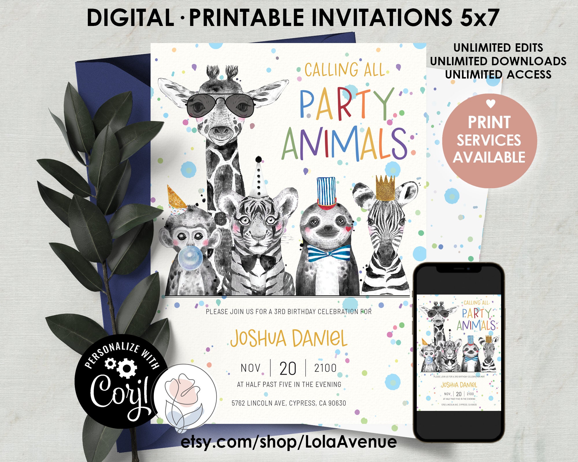 Party Animals Birthday Invitation Editable Boys Party Etsy