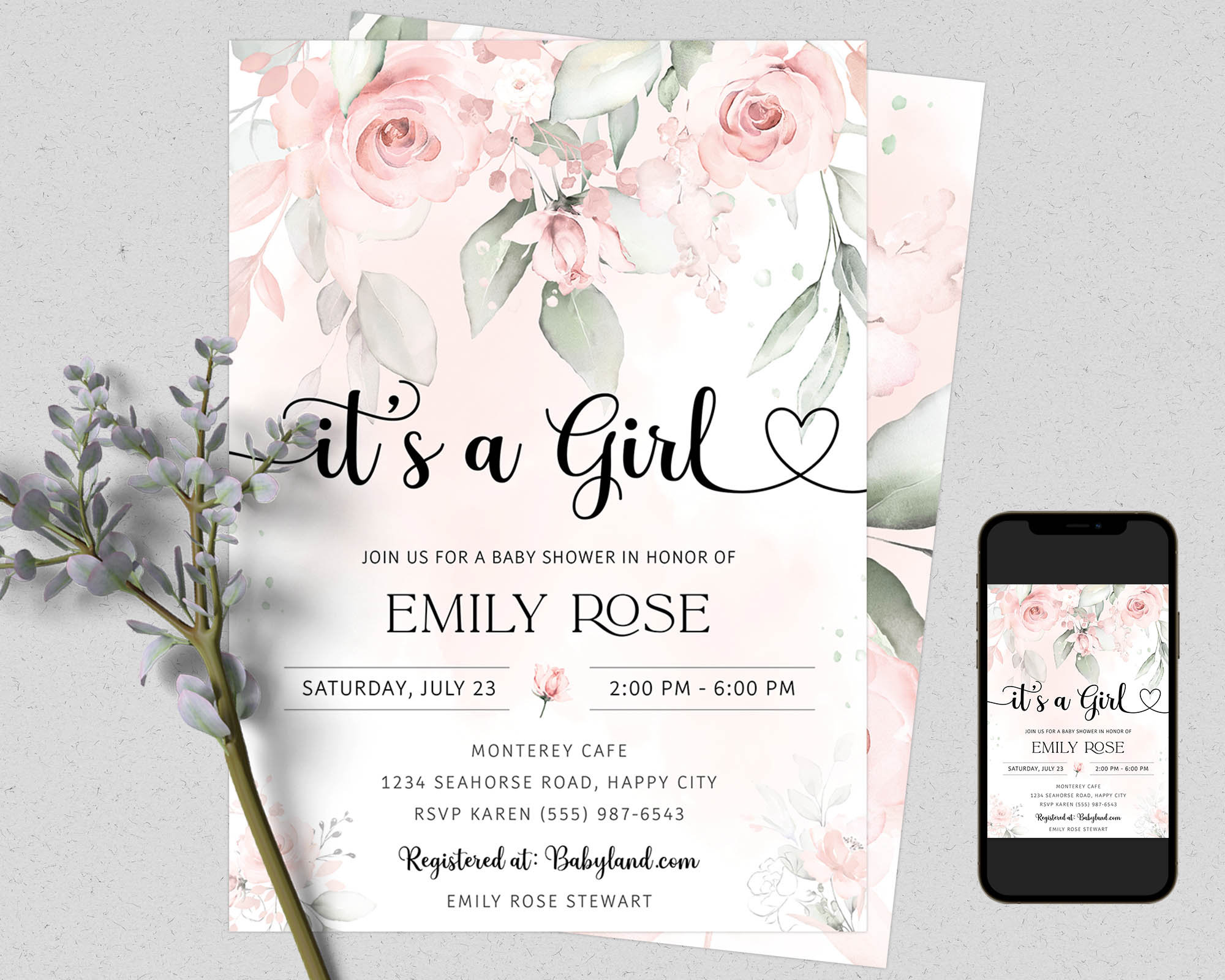 Blush Floral Baby Shower Invitation, Printable Digital Download