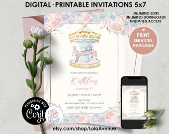 Carousel Pastel Birthday Carnival Invitation Editable Party Invitation for Girls Printable Digital Instant Download Template Corjl A0016