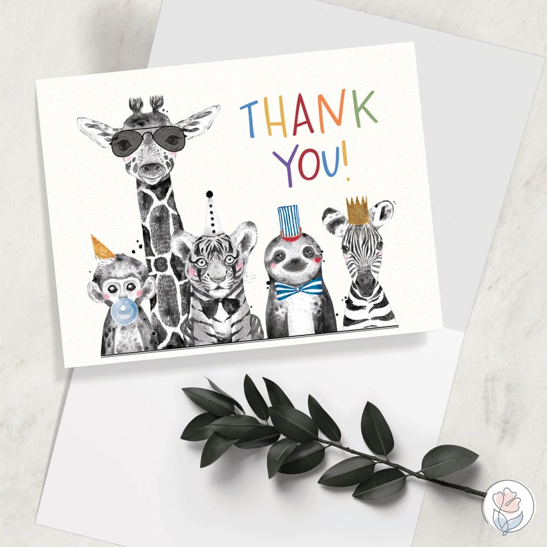 Party Animals Thank You Card, Printable Folded Greeting Card, Digital ...
