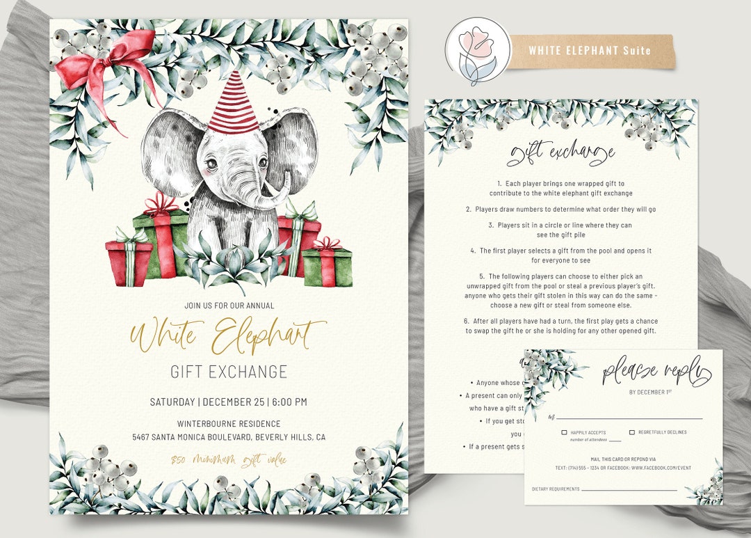 White Elephant Christmas Gift Exchange Printable Invitation Suite With