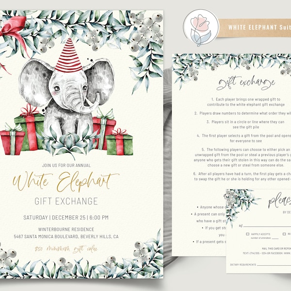 White Elephant Christmas Gift Exchange Printable Invitation Suite with Details Card, RSVP, Belly Band, Envelope Address, Digital Download