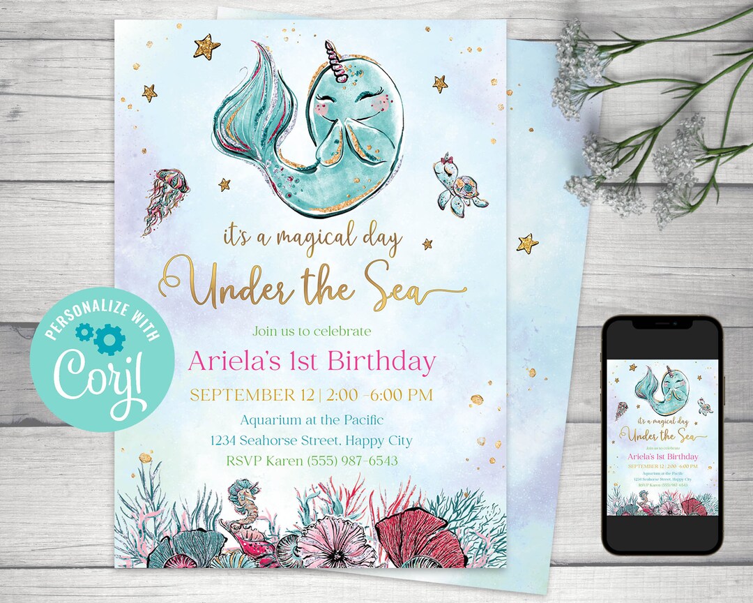 Narwhal Printable Birthday Invitation, Under the Sea Digital Download ...