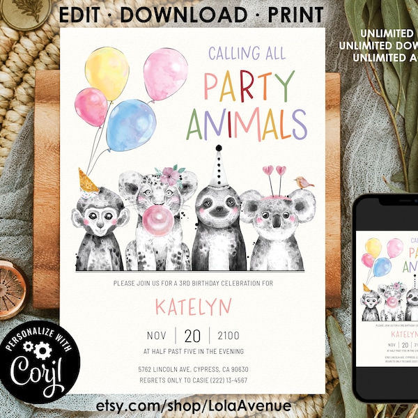 Party Animals Birthday Invitation Editable Girls Party Invitation Animal Printable Digital Download Invitation Template Corjl A0017