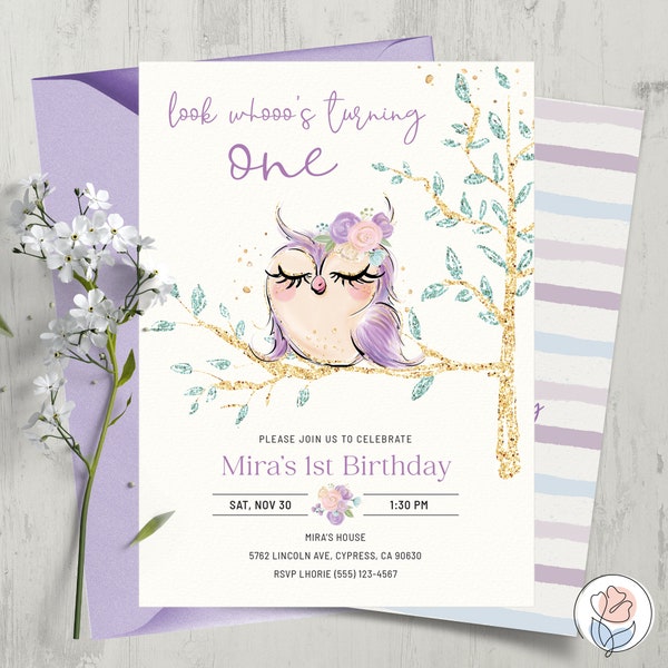 Purple Owl Birthday Invitation First Birthday Editable Girls Invitation Printable Digital Download Template Corjl A0019