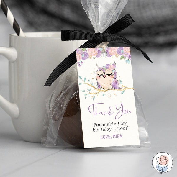 Purple Owl Favor Tag Printable Girls Birthday Rectangle Gift Tags Party Thank You Tag Printable Digital Download Template Corjl A0019