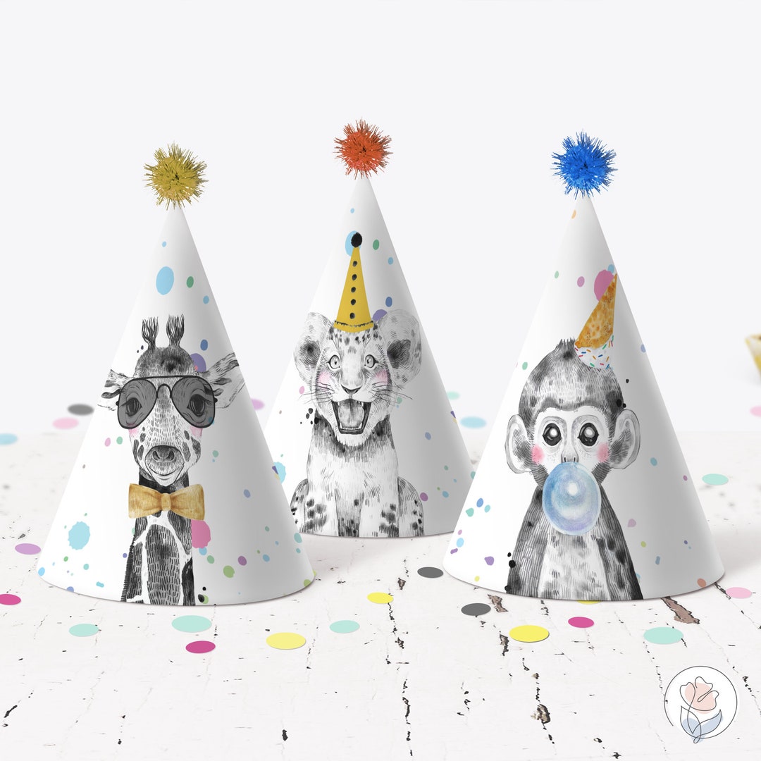 Party Animals Party Hats, Printable Hats, Digital Download, Editable