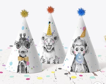 Party Animals Party Hats, Printable Hats, Digital Download, Editable Template | PARTY ANIMALS COLLECTION