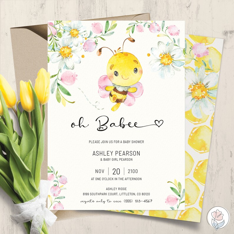Honey Bee Oh Babee Baby Shower Invitation for Girls Printable Invitation Digital Download Editable Template OH BABEE