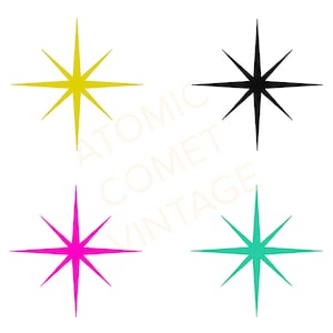 May include: Four starburst shapes in different colours: yellow, black, pink, and teal. The stars have a retro mid-century modern style.