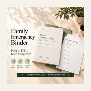 Könnte beinhalten: Ein digitaler Download für einen Familien-Notfallordner mit Deckblatt und Notfallübersicht. Der Text umfasst Family Emergency Binder, Print it. Fill it. Keep it together., 40 pages, Fillable + printable, US Letter + A4.