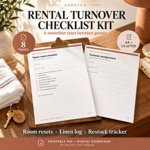 May include: A rental turnover checklist kit featuring 8 pages of printable documents in A4 and US Letter sizes. The kit includes a room reset checklist and a turnover assignment sheet, presented on a wooden clipboard with a brass clip.