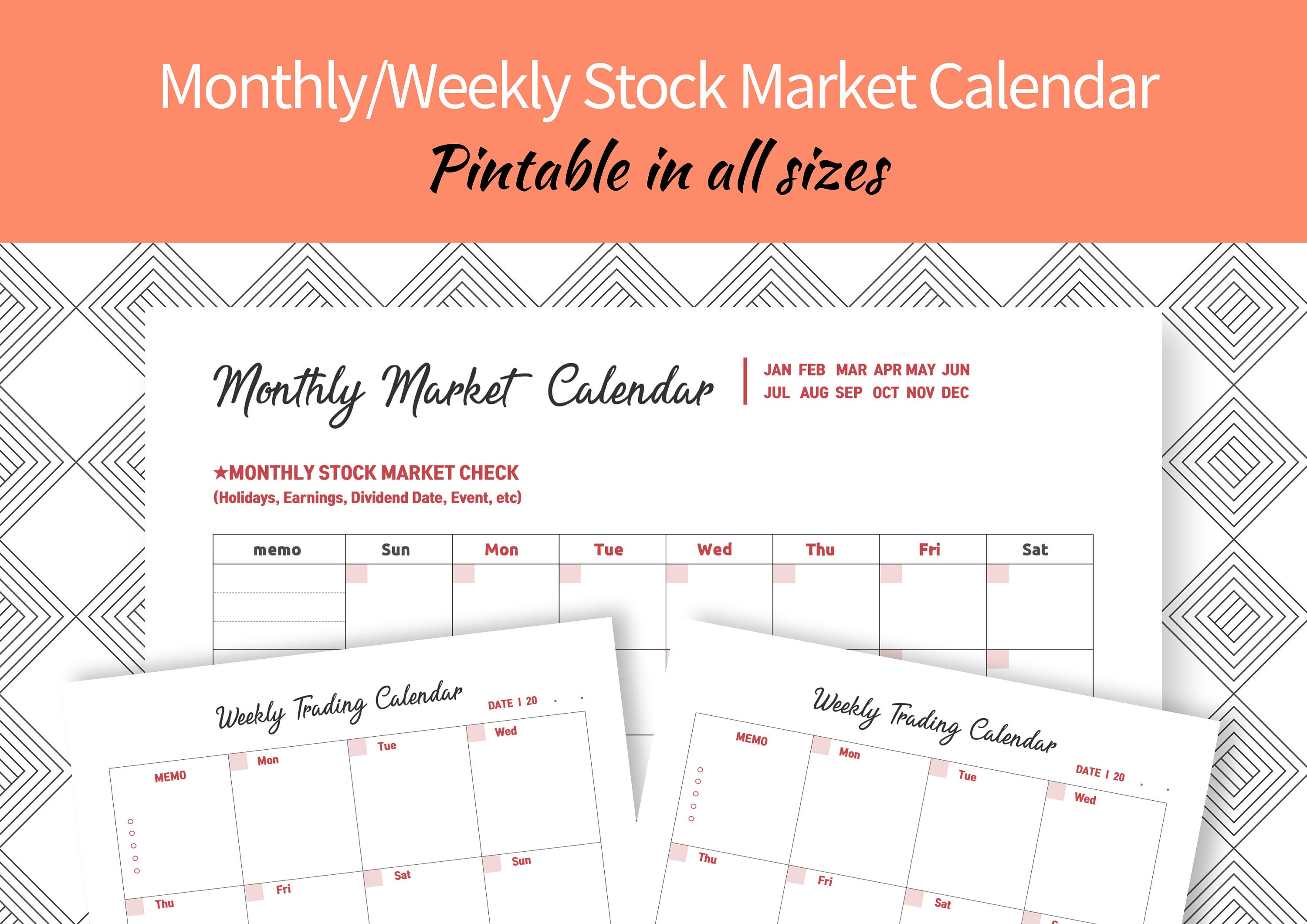 Monthly/Weekly Stock Market Calendar l Printable 2 PDF Etsy