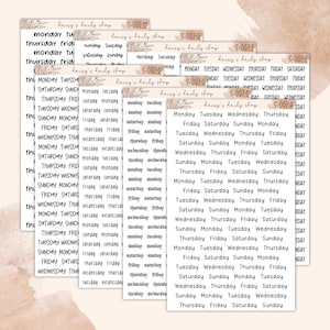 May include: A collection of eight sticker sheets featuring various fonts and styles of the days of the week. Each sheet includes the text daisy's daily shop and a unique code like S-007-A, with rows of printed days in black ink on white paper.