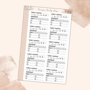 May include: A set of five daily planner stickers with a light brown background and white borders. Each sticker has a section for "today's weather", "workout", and "H2O" with checkboxes and icons for sun, clouds, rain, and lightning. The text "dairy's daily shap" and "F-058" are printed on the stickers.