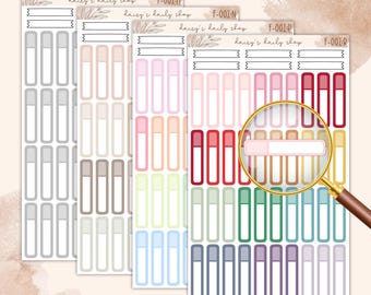 May include: Four sheets of planner stickers labeled daisy's daily shop with codes F-001:M, N, P, and R. Each sheet features rows of vertical rectangular tracker stickers in various colors, including gray, pink, red, green, and blue, with a magnifying glass.