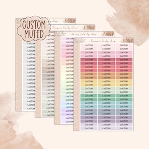 May include: Four sheets of stickers with the word "CUSTOM" repeated. The sheets are in muted colors, including beige, pink, and rainbow hues. The top left sheet has the words "CUSTOM MUTED" in a cloud shape.