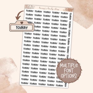 May include: A sticker sheet featuring multiple rows of the word today printed in a black sans-serif font. A single sticker with the word today is shown in a beige rectangular frame with a small heart icon. A brown circular badge states MULTIPLE FONT OPTIONS.