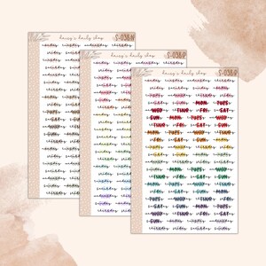 May include: Three sticker sheets with days of the week in various colors and fonts. The sheets have a beige border with a dotted pattern and the text "dairy's daily shop" at the top. Each sheet is labeled with a code.