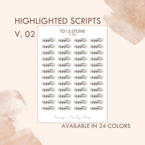 May include: A sheet of planner stickers with the text "appt." in a handwritten font, inside a light gray rounded rectangle. The text "HIGHLIGHTED SCRIPTS V. 02" is at the top, with "T013:STONE V. 02" in the upper right. The text "AVAILABLE IN 24 COLORS" is at the bottom.
