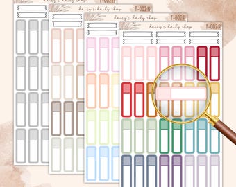 May include: Four sheets of rectangular planner stickers with rounded corners, each featuring a top colored section and a white bottom section. The sheets include text labels daisy's daily shop and codes F-002:M, F-002:N, F-002:P, and F-002:R. A magnifying glass is positioned over one sticker.