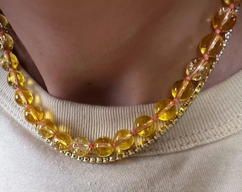 Gold Citrine Necklace • Iridescent Natural Stone Choker • Solar Plexus Gemstone Necklace • Knotted Boho Crystal Jewelry - Gift for Her