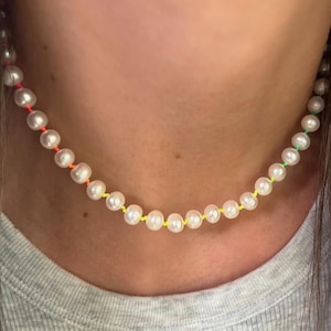 Handmade Neon Freshwater Pearl Necklace: Boho Thread Jewelry