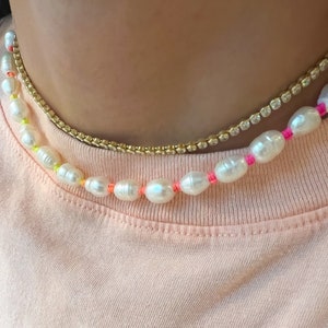 Freshwater Pearl Rainbow Necklace,  Handmade Neon Color Necklace, Thread Hand Knotted Jewelry, Boho Beach Neon Choker