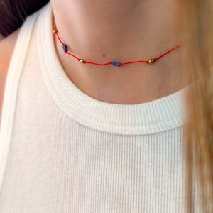 Blue Lapis Lazuli Red String Necklace,Hand Knotted Red String Simple Choker, Handmade Birthday Gift, Minimal Red Necklace