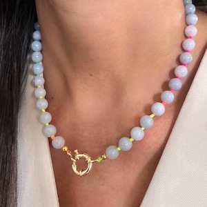 Aquamarine Hand Knotted Necklace, Baby Blue Candy Gemstone, Handmade Neon Colorful Choker, Spring Sailor Clasp  Beaded Choker - Gift for Her