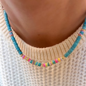 Natural Turquoise Heishi Necklace, Rainbow Gemstone Choker, Neon Colorful Choker, Handmade Boho Beaded - Perfect Birthday Gift for Her
