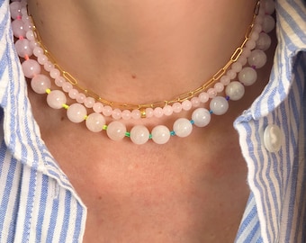 Rose Quartz Hand Knotted Necklace - Pink Love Gemstone Necklace - Handmade Neon Colorful Choker - Perfect Gift