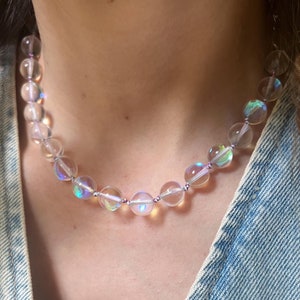 Mystic Aura Quartz Hand Knotted Necklace, Iridescent Rainbow Quartz Candy Gemstone, Chunky Beads Handmade Choker - Gift for Her