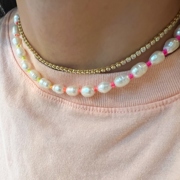 Freshwater Pearl Rainbow Necklace,  Handmade Neon Color Necklace, Thread Hand Knotted Jewelry, Boho Beach Neon Choker