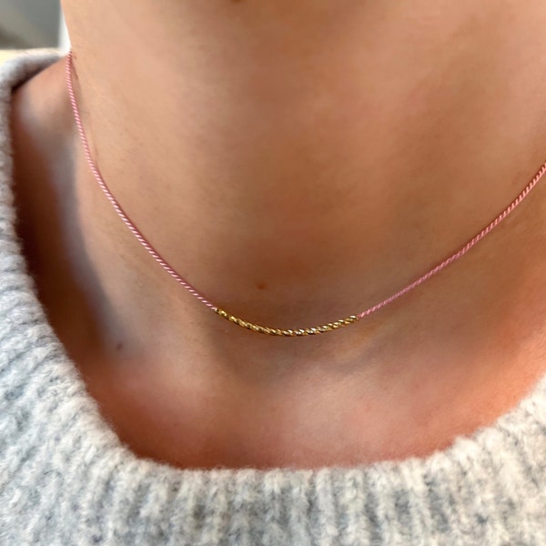 Pink Silk String Choker, Simple Minimalist Necklace, Gold Filled Tube Bar