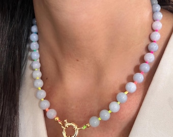 Aquamarine Hand Knotted Necklace, Baby Blue Candy Gemstone, Handmade Neon Colorful Choker, Spring Sailor Clasp  Beaded Choker - Gift for Her
