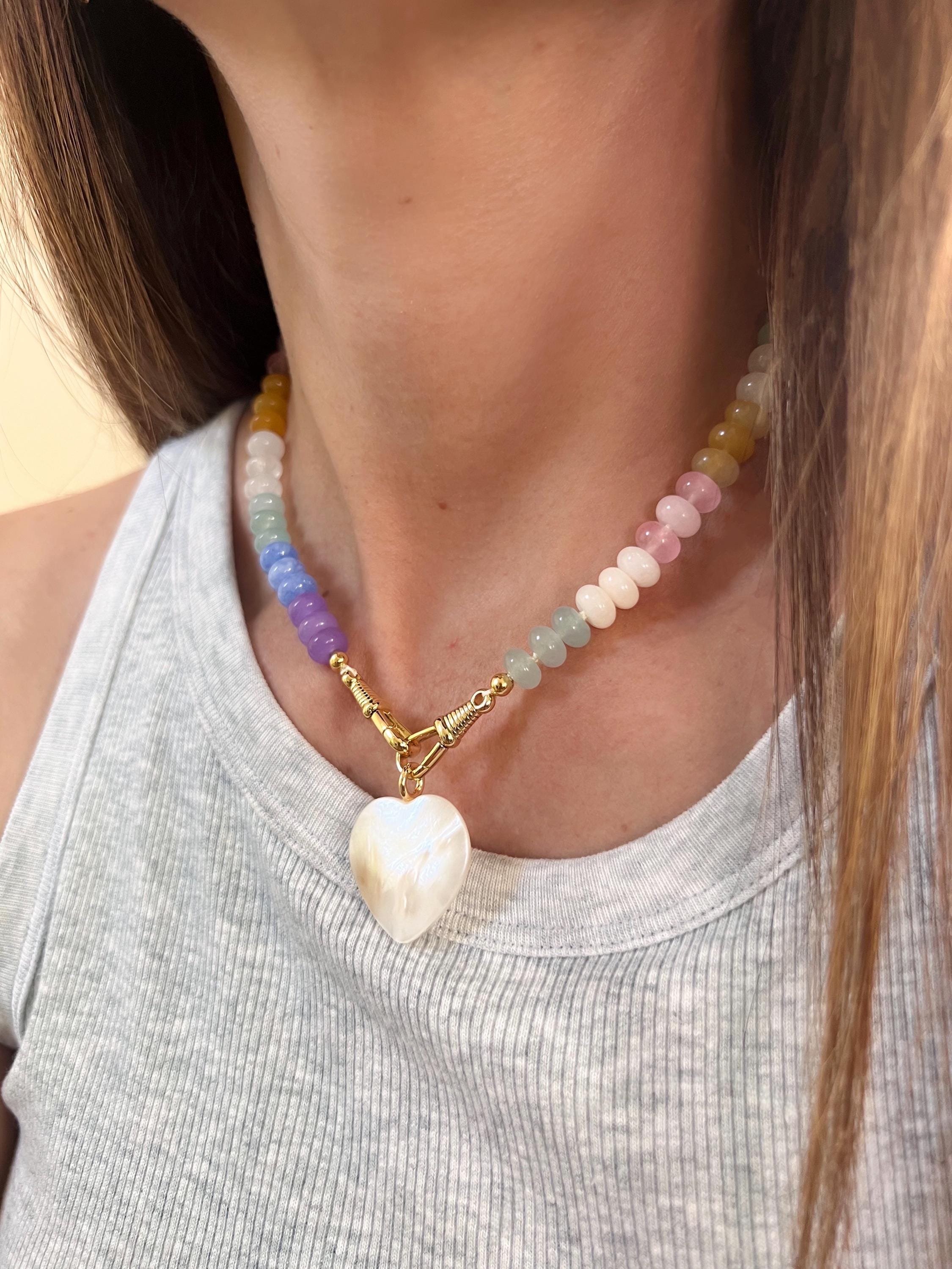 Rainbow Gemstone Necklace, Trendy Jade Quartz Necklace, Knotted Candy Gemstone Beads, Boho Chic Colorful Jewelry, Birthday Gift for Her