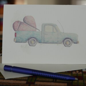 Caminhão com cartão em branco ilustrado com carga cardíaca, Dia dos Namorados, Aniversário, Amor, Casamento, Aniversário