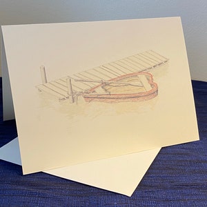 Bote de remos de corazón junto al muelle tarjeta en blanco ilustrada, Día de San Valentín, Cumpleaños, Amor, Boda, Aniversario